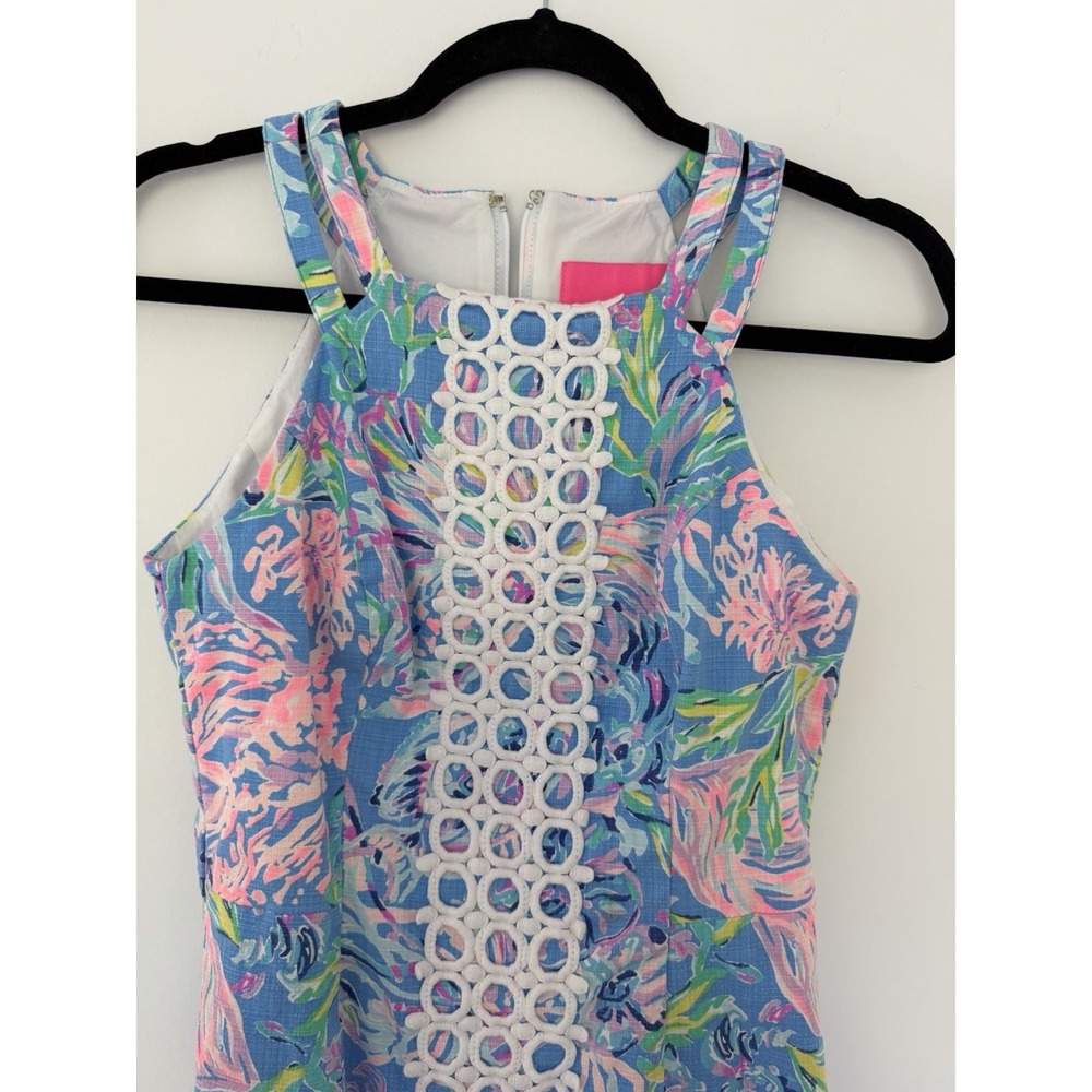 LILLY PULITZER Women Sz 0 Pearl Shift Dress Blue Pink Floral Lace Halter Cotton - Picture 2 of 11